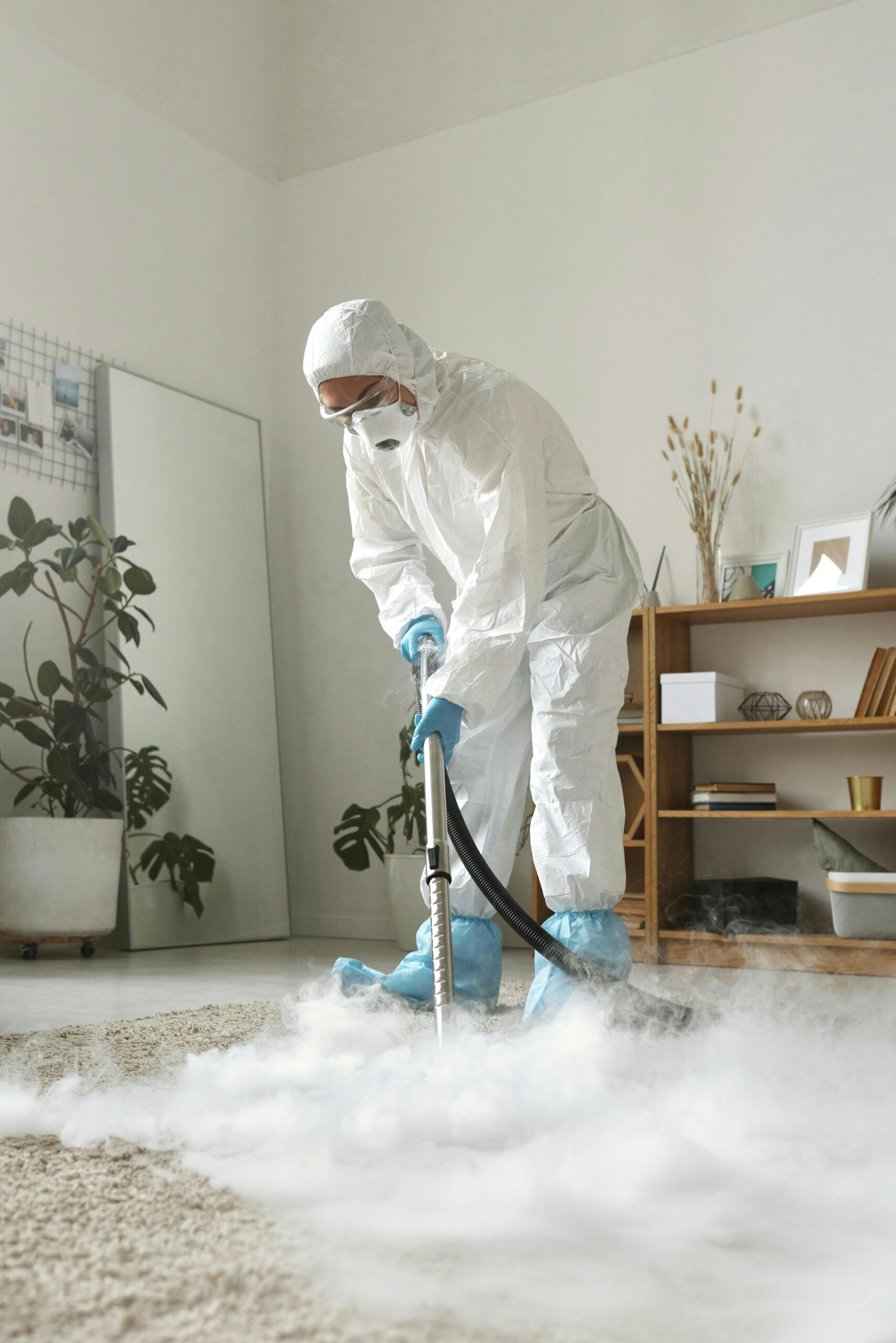 Technician steam cleaning a carpet