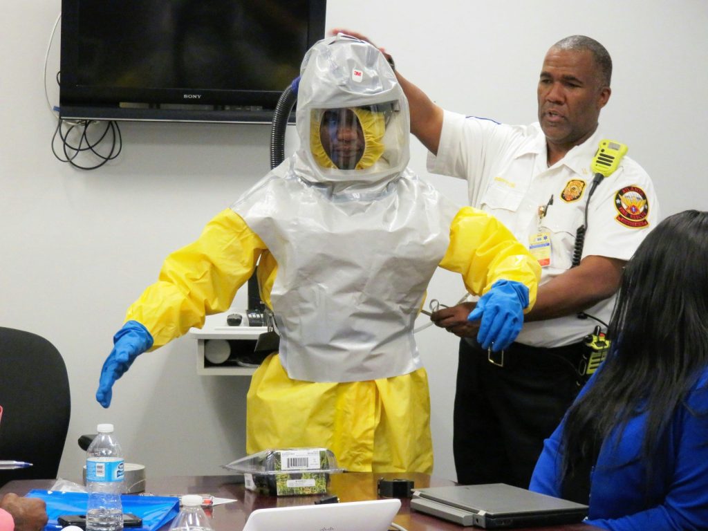 Operative being fitted with protective gear